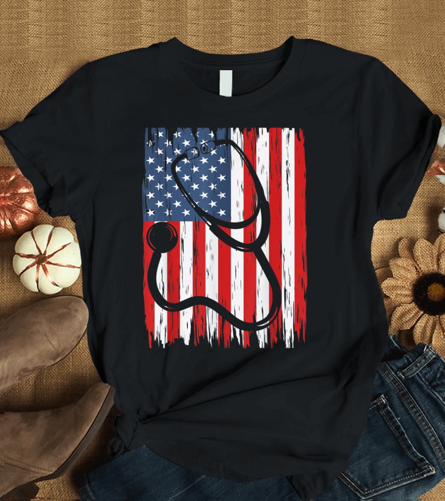 Patriotic Stethoscope American Flag Nurse 4th of July Nursing T-Shirt