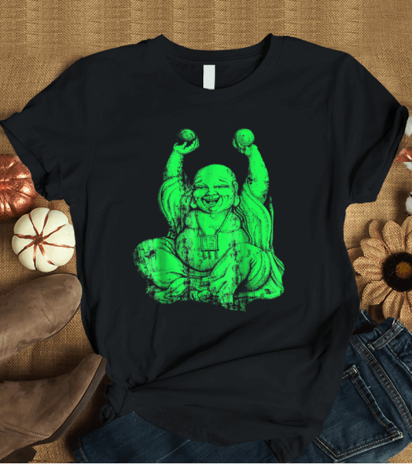 T-Shirt: Radiant Green Laughing Buddha with Raised Hands Yoga T-Shirt Radiant Green Laughing Buddha with Raised Hands Yoga T-Shirt