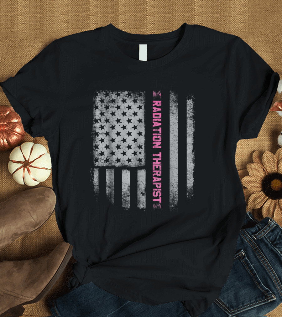 Radiation Therapist Vertical Pink Text US Flag Distressed T-Shirt