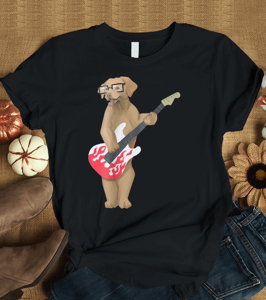 Labrador Golden Retriever with Glasses Playing Electric Guitar Music T-Shirt
