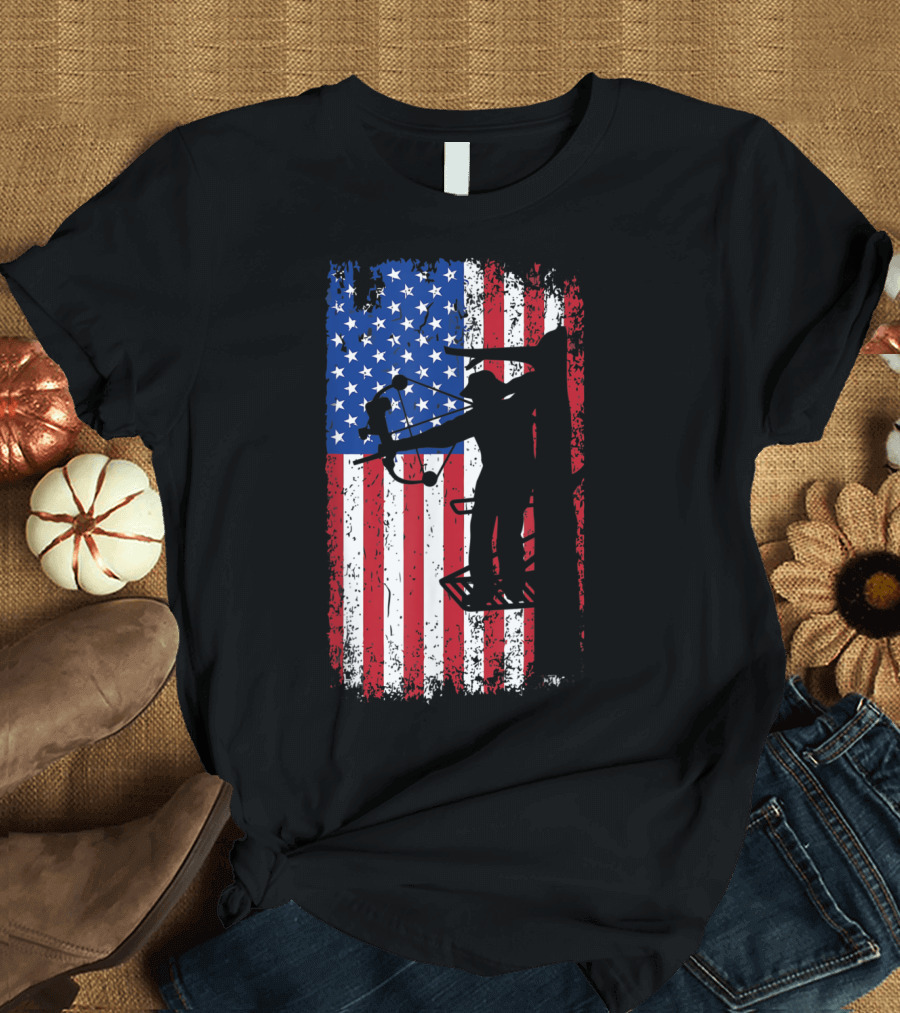 American Flag with Tree Stand Bow Hunter Archery T-Shirt