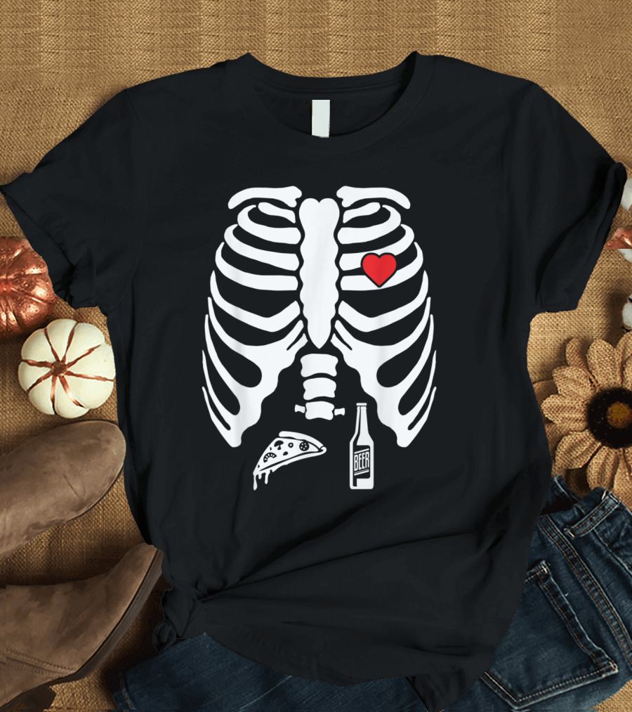 Skeleton Ribcage Heart Pizza Beer X Ray T-Shirt