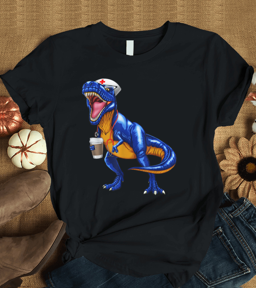 Nursesaurus Rex Nurse Dinosaur with Coffee Cup and Nurse Hat T-Shirt