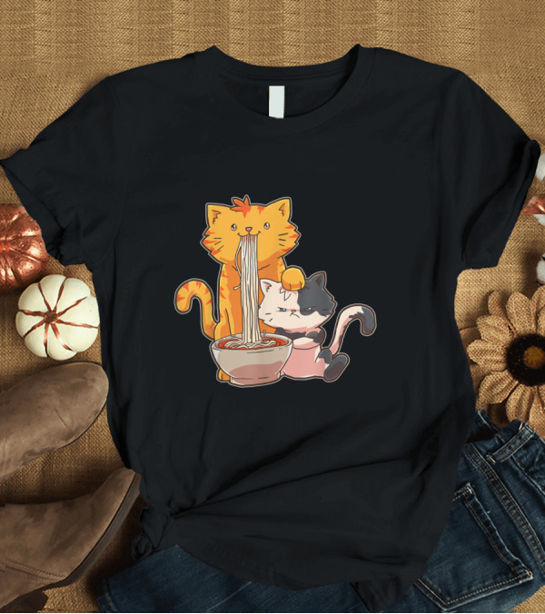 T-Shirt: Kawaii Anime Cats Enjoying Ramen Noodles Together T-Shirt Kawaii Anime Cats Enjoying Ramen Noodles Together T-Shirt