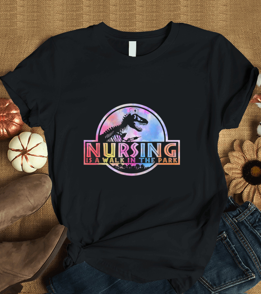 Nursing Is a Walk in the Park Dinosaur Skeleton Rainbow T-Shirt