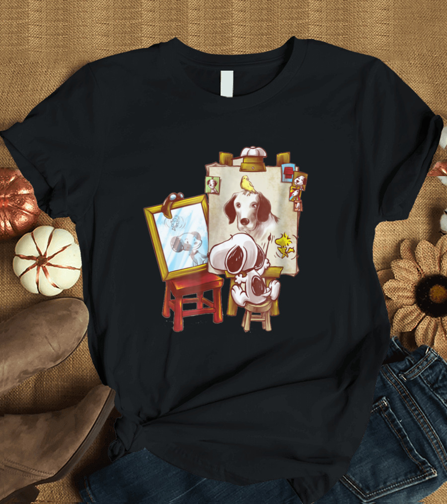 Triple Beagle Artist Scene with Mirror, Picture Frame, and Woodstock T-Shirt