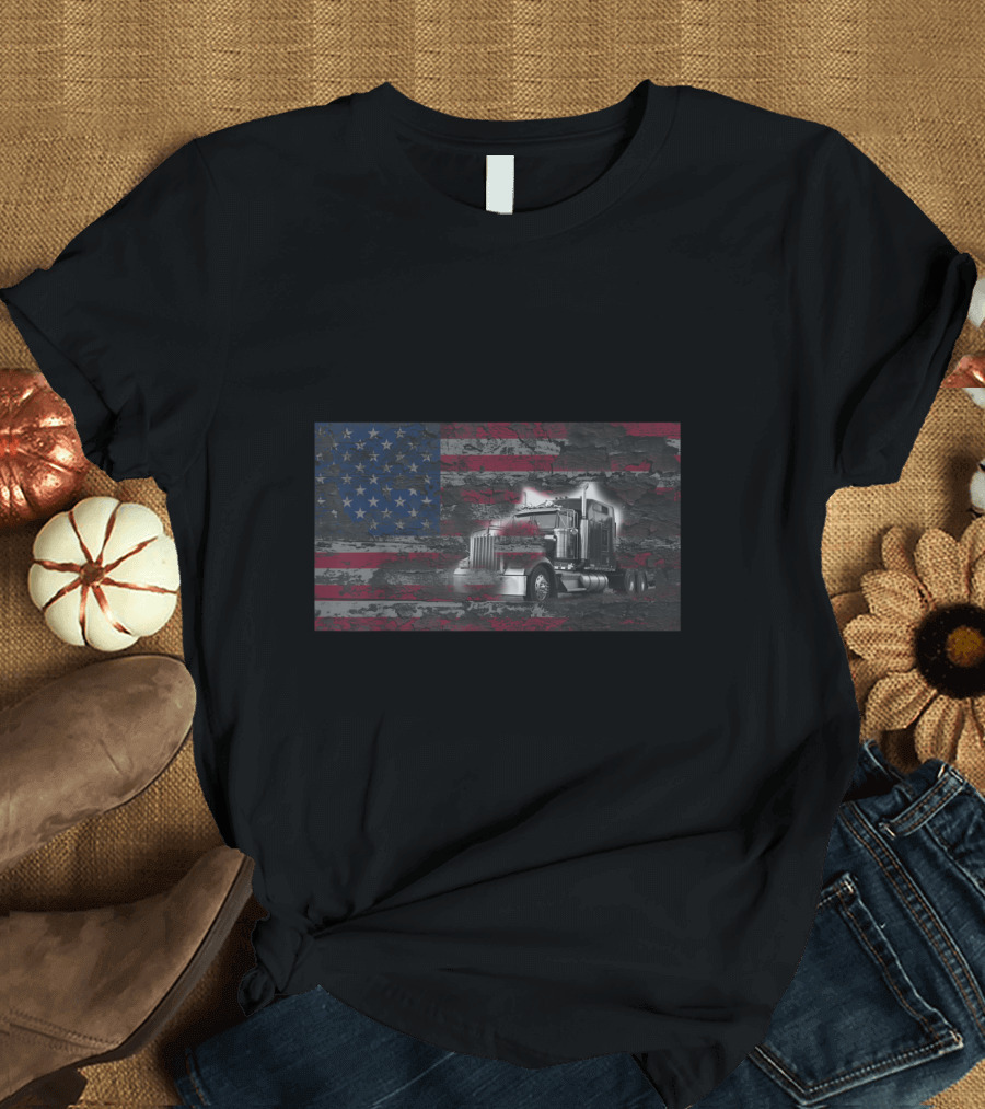 American Flag Background with Classic Truck T-Shirt