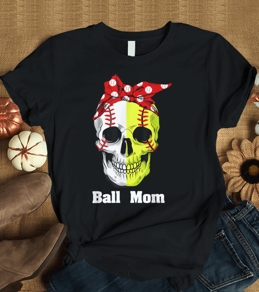 Ball Mom Skull with Baseball Softball Stitching Bandana T-Shirt