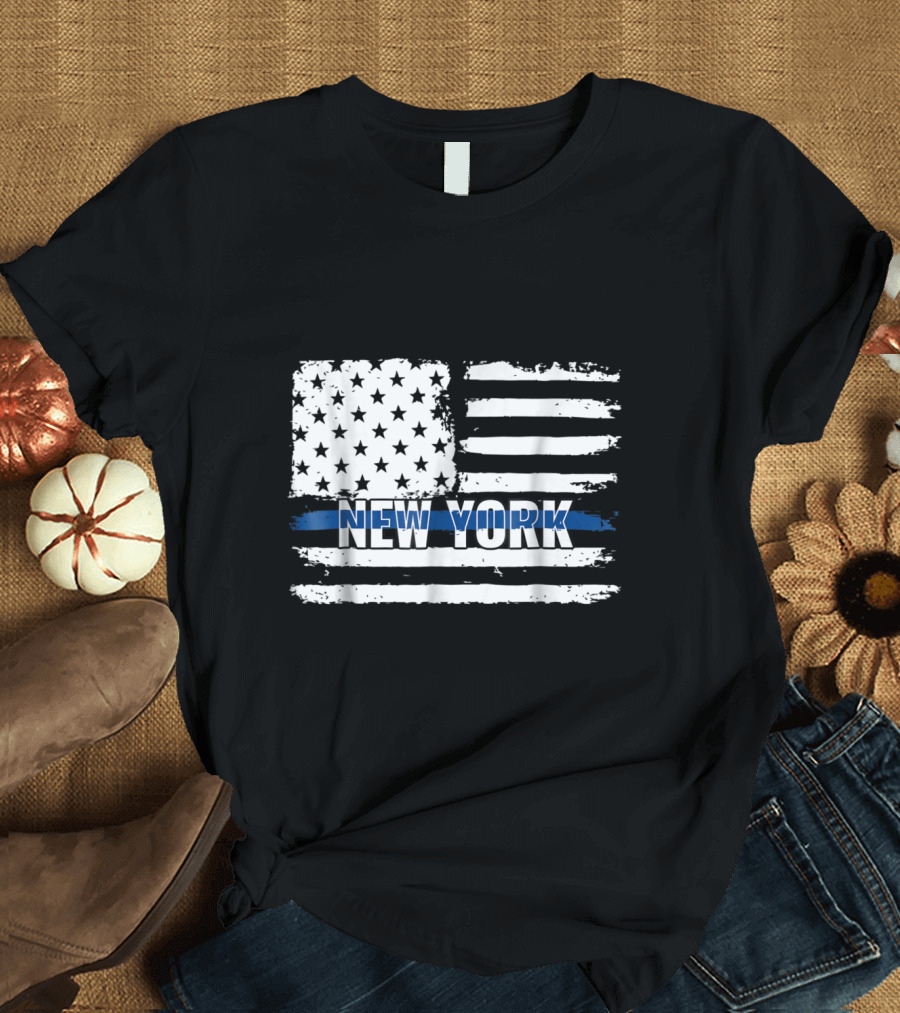 New York State Police Thin Blue Line American Flag T-Shirt