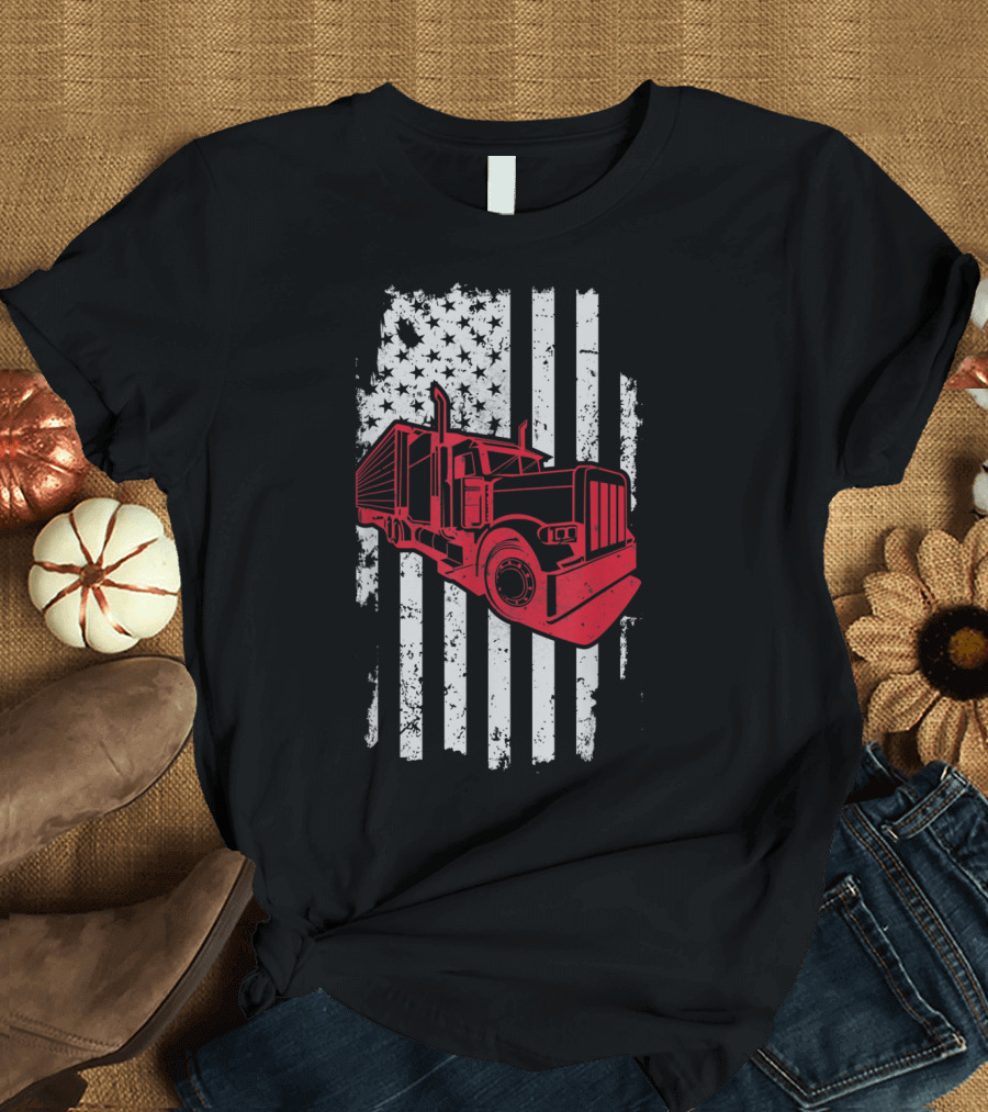 Vintage American Flag with Red Truck Graphic Icon for Truck Drivers T-Shirt
