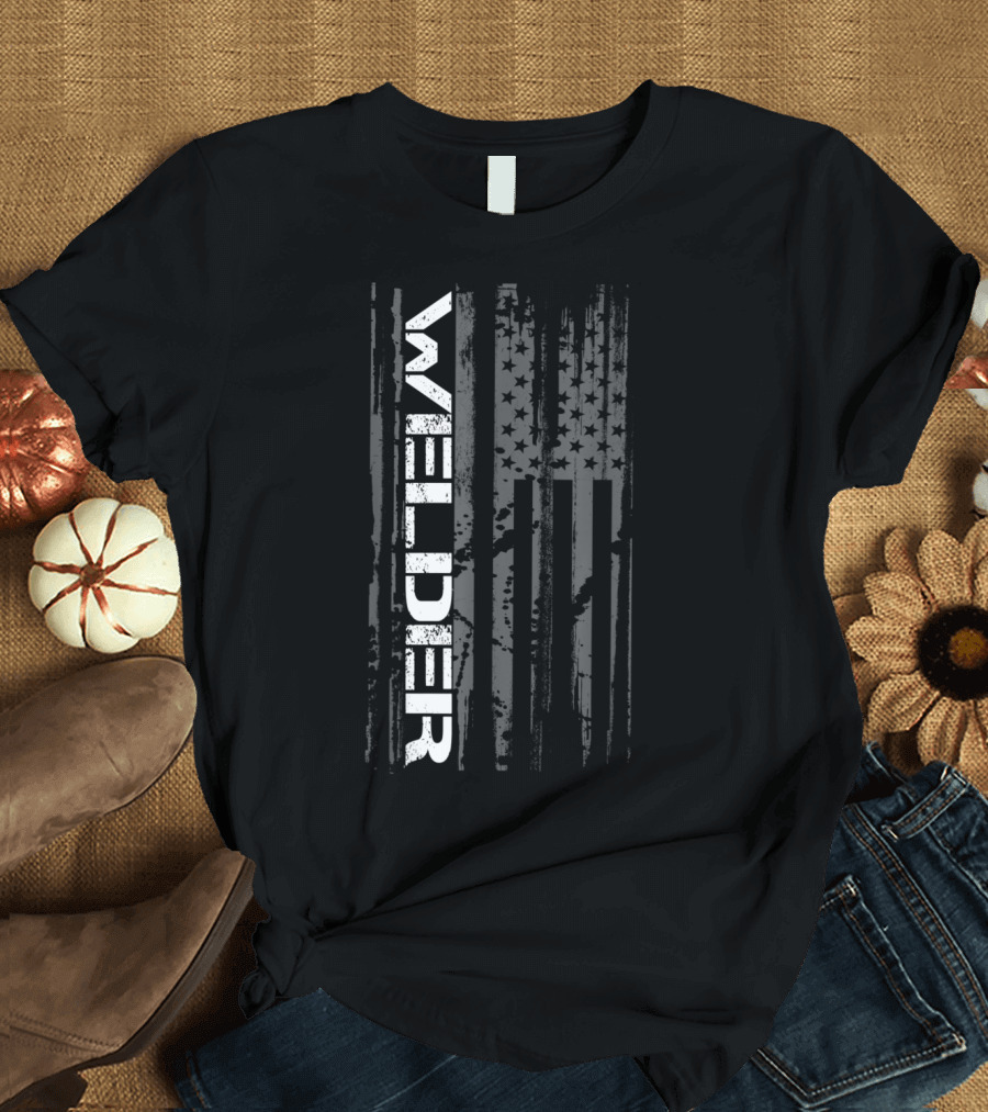 Welder Vertical Text with Distressed American Flag T-Shirt
