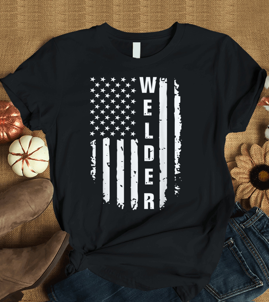 Vintage American Flag Vertical Welder Text Patriotic T-Shirt