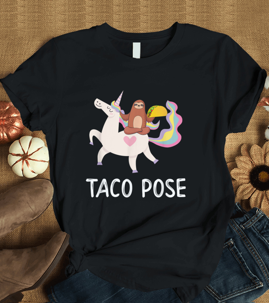 Taco Pose: Sloth in Yoga on Unicorn with Rainbow Mane Eating Taco T-Shirt