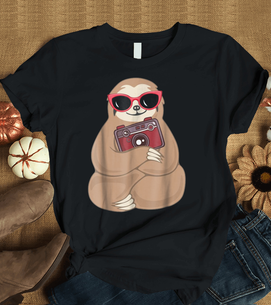Sloth with Red Sunglasses Holding Retro Camera T-Shirt