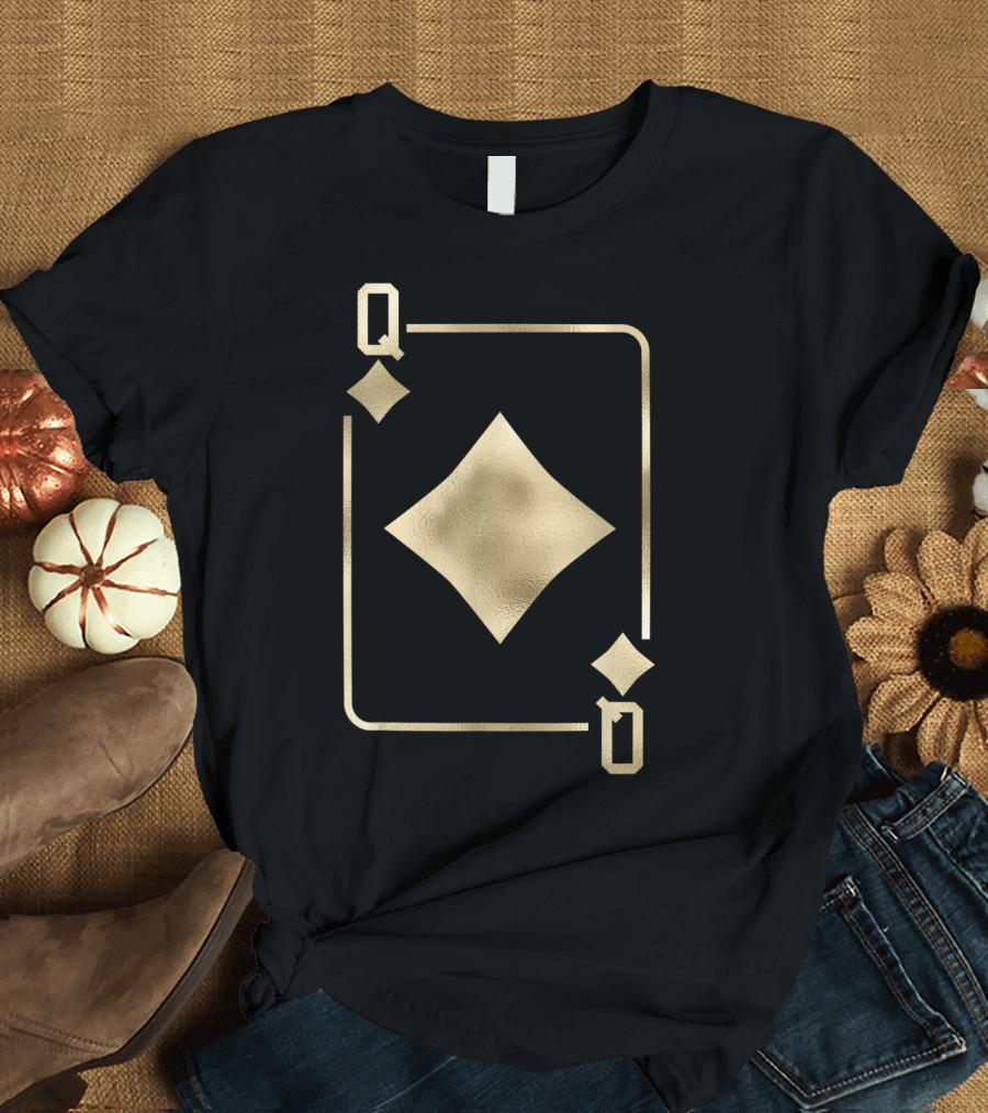 Queen of Diamonds Gold Textured Playing Card T-Shirt