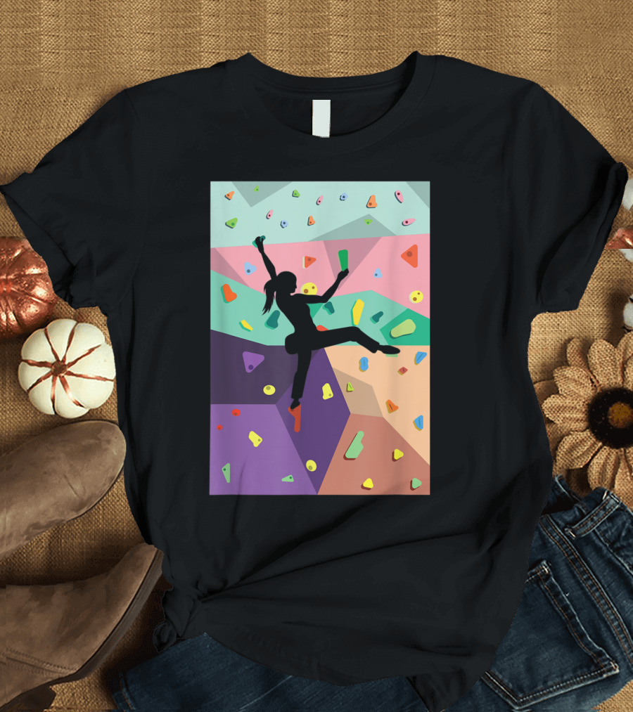 Indoor Rock Climbers Silhouette on Multi-Colored Wall Climbing Action Scene T-Shirt