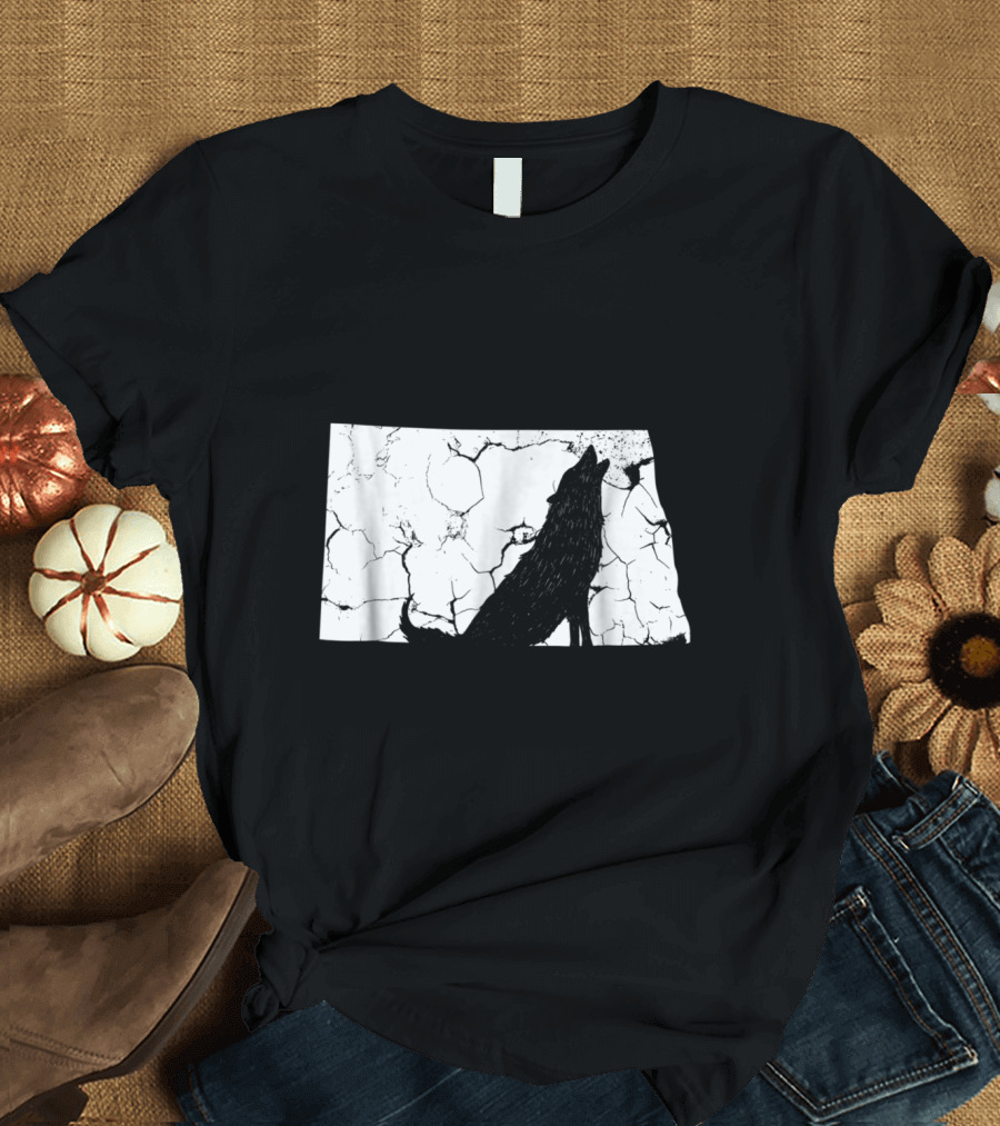 North Dakota Coyote Silhouette Against Cracked Texture Background T-Shirt