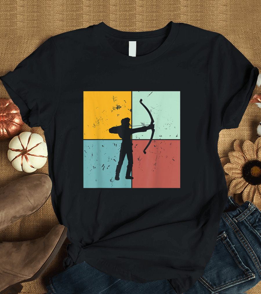 Archer Silhouette Shoot Aim Bow Archery Art on Color Block Background T-Shirt