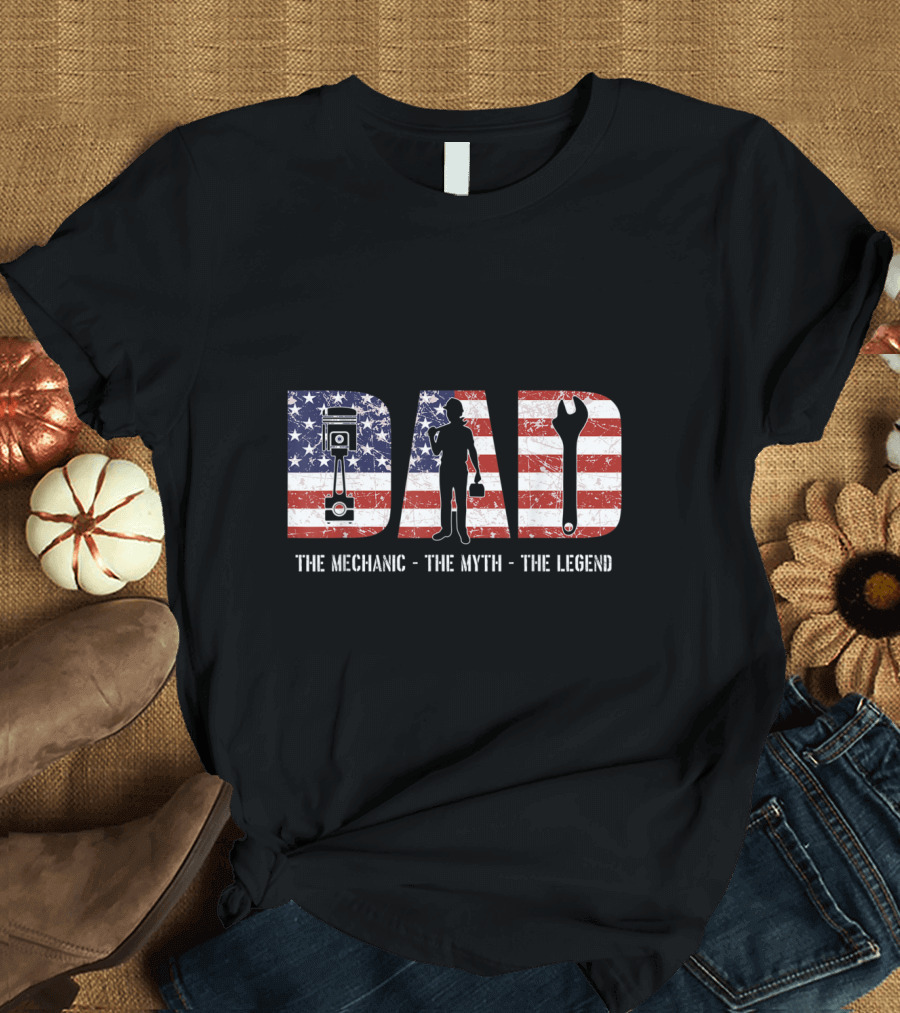 Dad Mechanic Myth Legend American Flag Wrench Engine T-Shirt