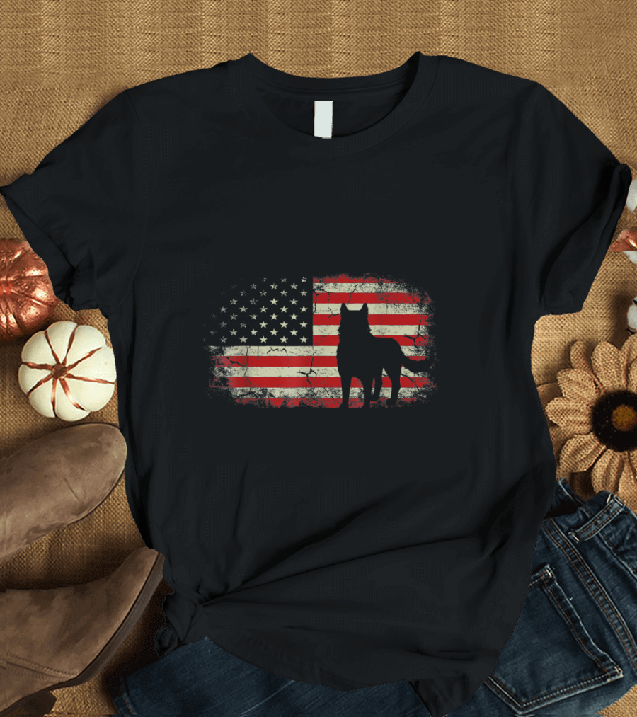 Siberian Husky Silhouette with Distressed USA Flag for 4th of July T-Shirt