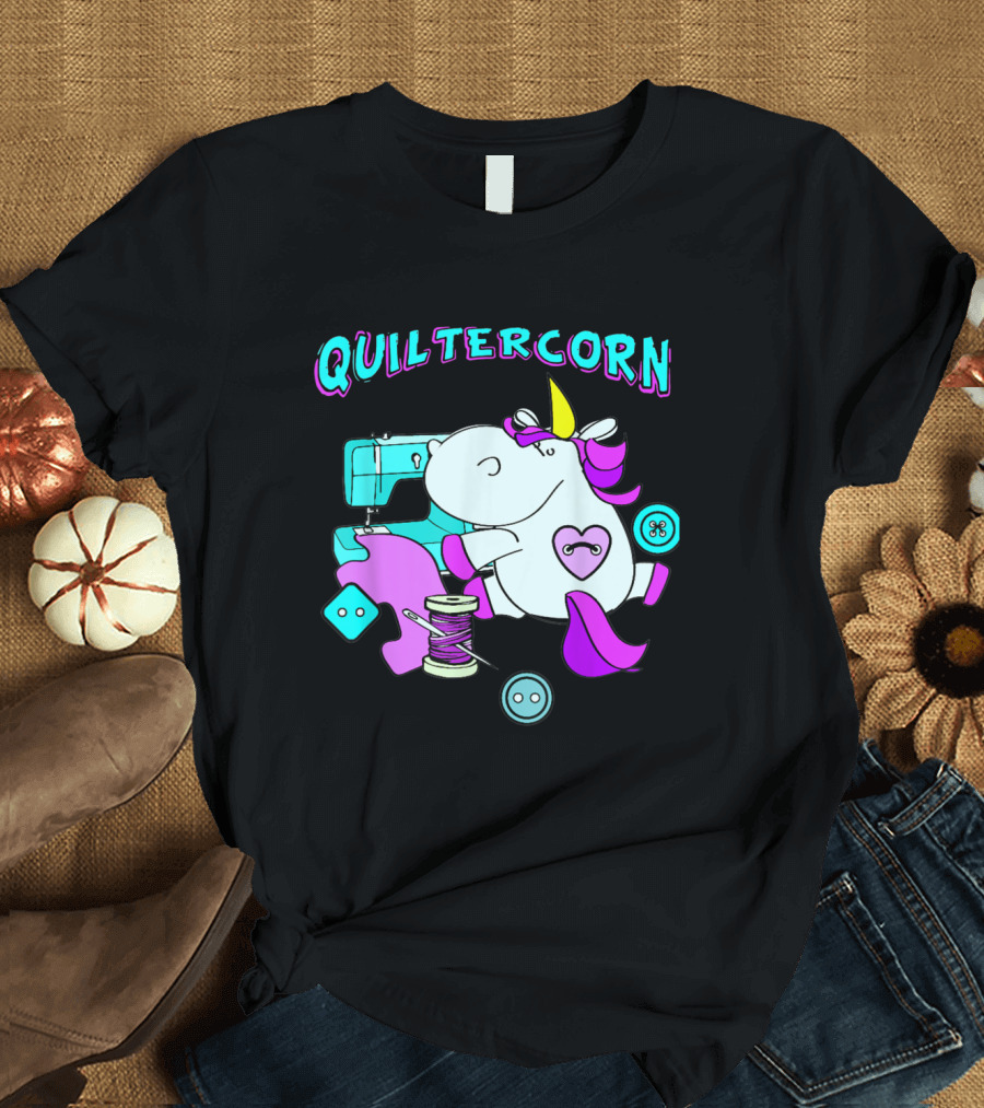 Quiltercorn Sewing Unicorn with Quilting Supplies Pastel Buttons and Thread T-Shirt