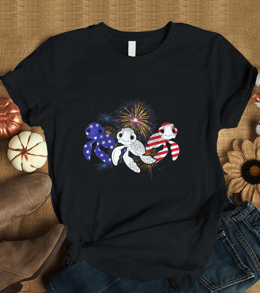 Three Turtles with Stars and Stripes American Flag Colors Fireworks 4th of July T-Shirt