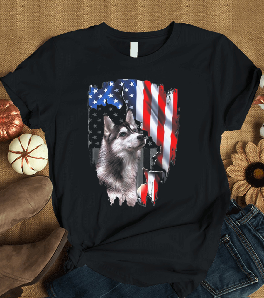 Siberian Husky American Flag Patriotic 4th of July Dog T-Shirt