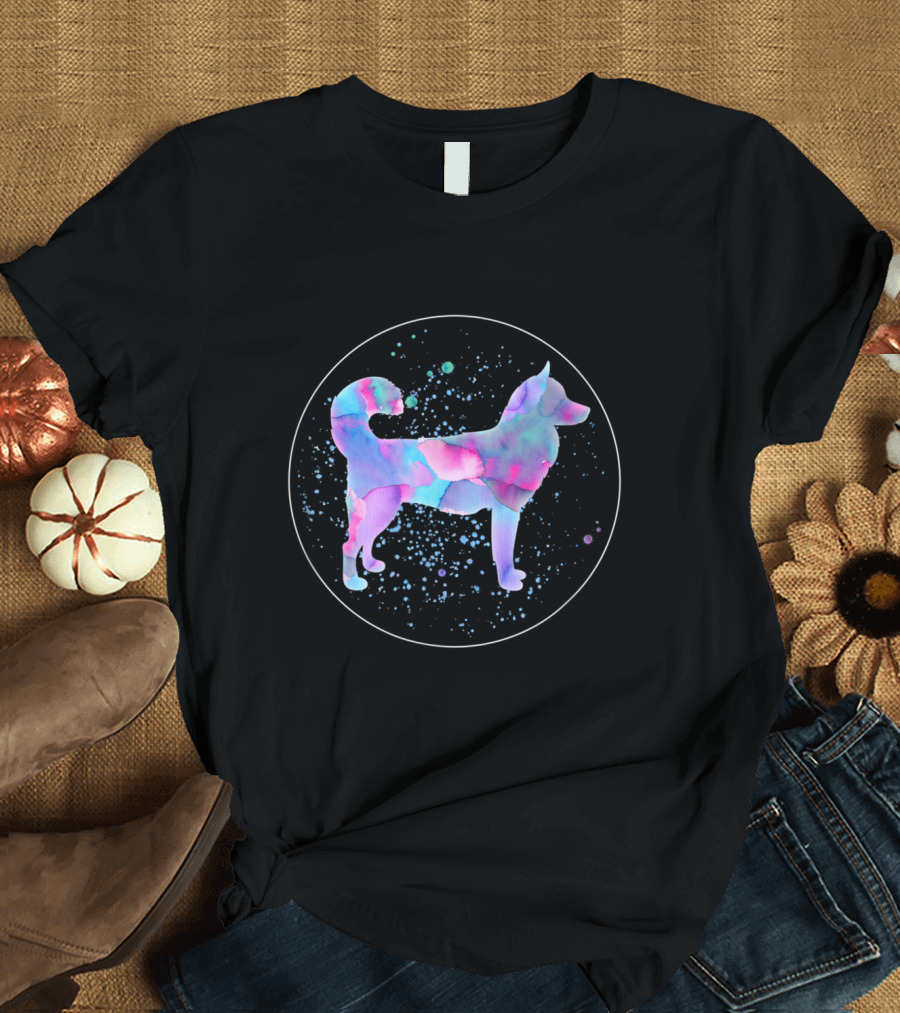 Siberian Husky Watercolor Silhouette with Galaxy Effect T-Shirt