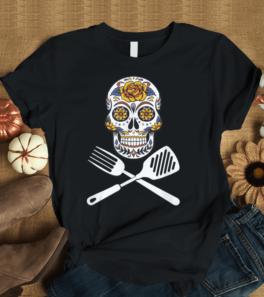 Kitchen Chef Sugar Skull Flower Crossed Utensils T-Shirt