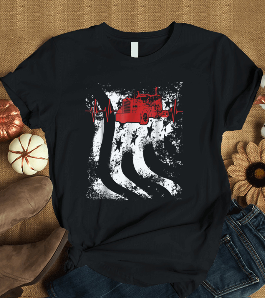 American Big Rig Trucks are the U.S. Heartbeat with Stars and Stripes Flag T-Shirt