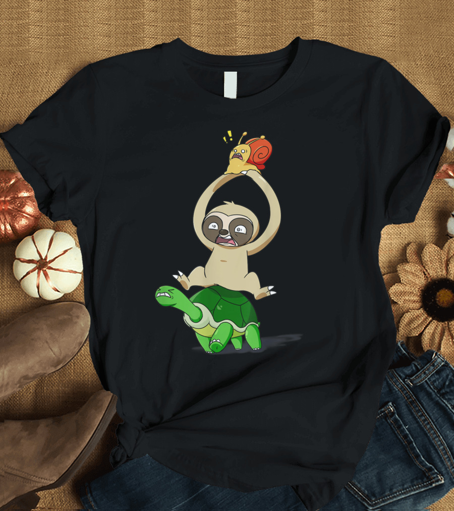 Sloth Riding Turtle Holding Surprised Snail Piggyback Racing Fun T-Shirt