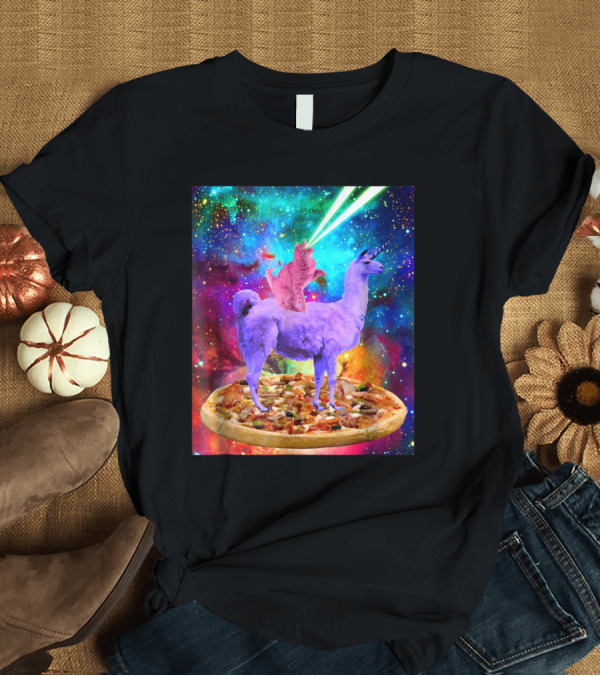 T-Shirt: Outer Space Cat with Laser Eyes Rides Llama on Giant Pizza Galaxy T-Shirt Outer Space Cat with Laser Eyes Rides Llama on Giant Pizza Galaxy T-Shirt