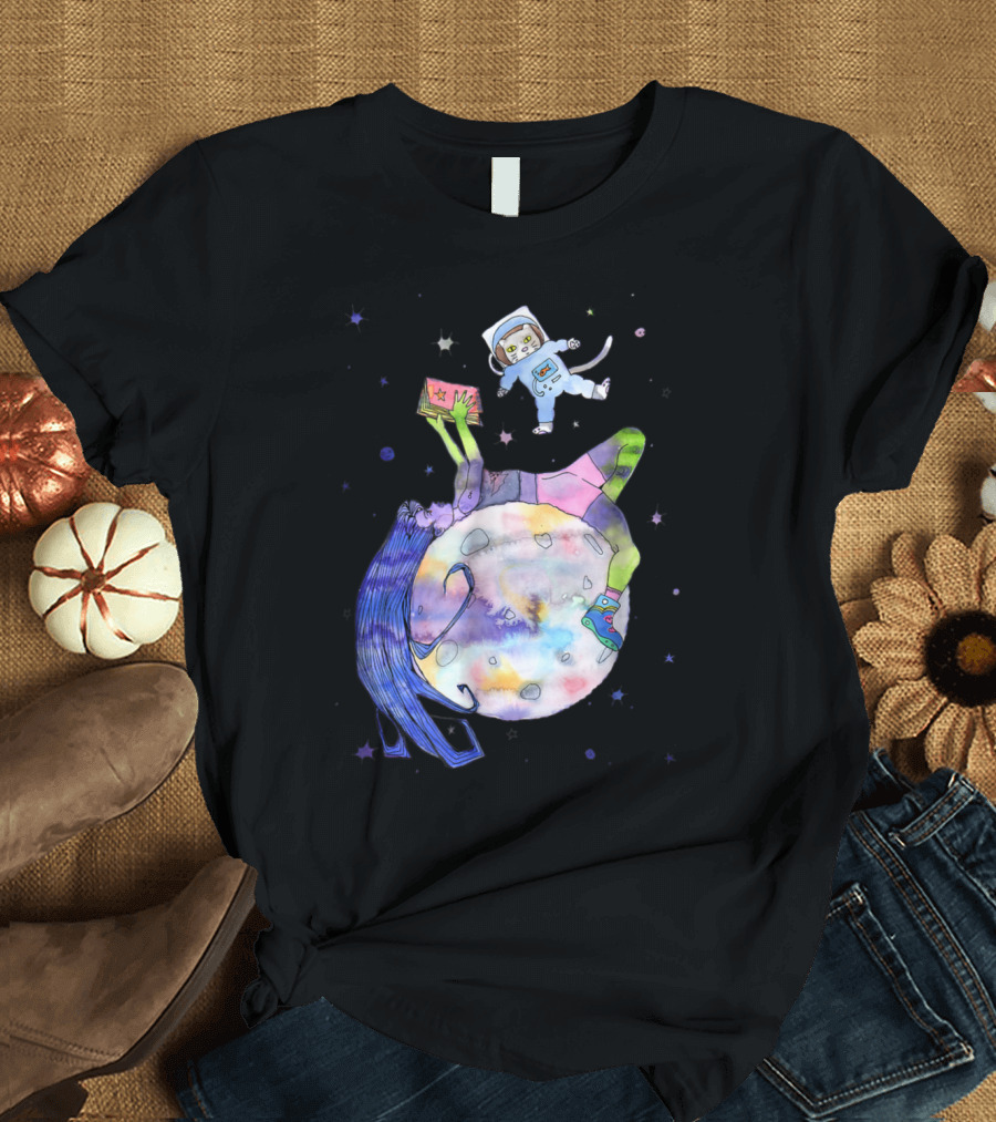 Space Cat Floating with Long-Haired Girl Reading a Book on Moon T-Shirt