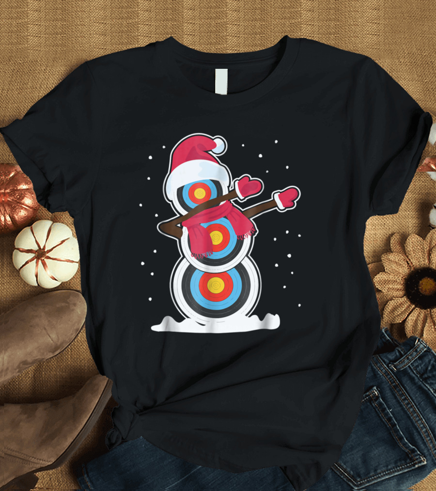 Snowman Target Dabbing with Santa Hat and Scarf in Winter Snowflakes T-Shirt