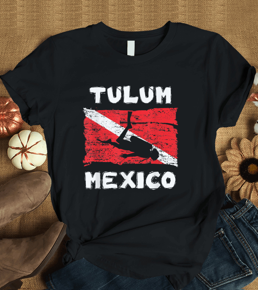 Tulum Mexico Vintage Scuba Diving Flag with Diver T-Shirt