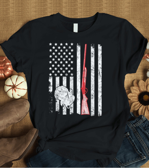 T-Shirt: Turkey Hunting Shotgun American Flag Graphic with Turkey T-Shirt Turkey Hunting Shotgun American Flag Graphic with Turkey T-Shirt