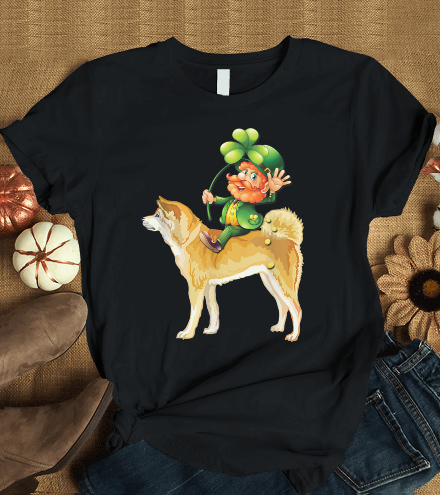 Leprechaun Waving on Akita Inu with Shamrock Umbrella T-Shirt