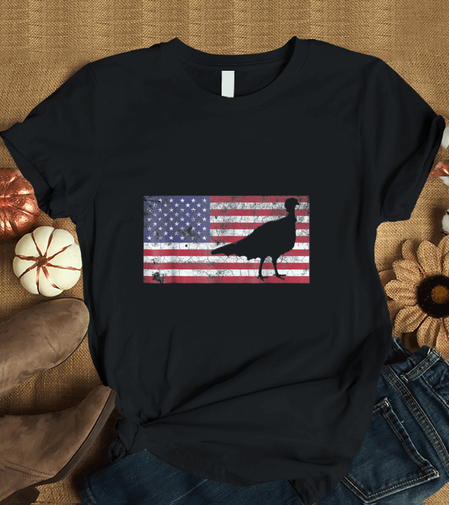 American Flag with Turkey Hunting Silhouette USA T-Shirt