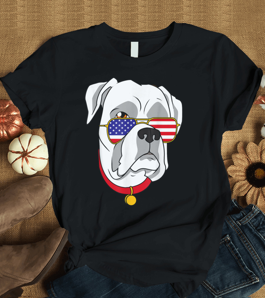 White Boxer Dog with American Flag Sunglasses Patriotic 4th of July T-Shirt