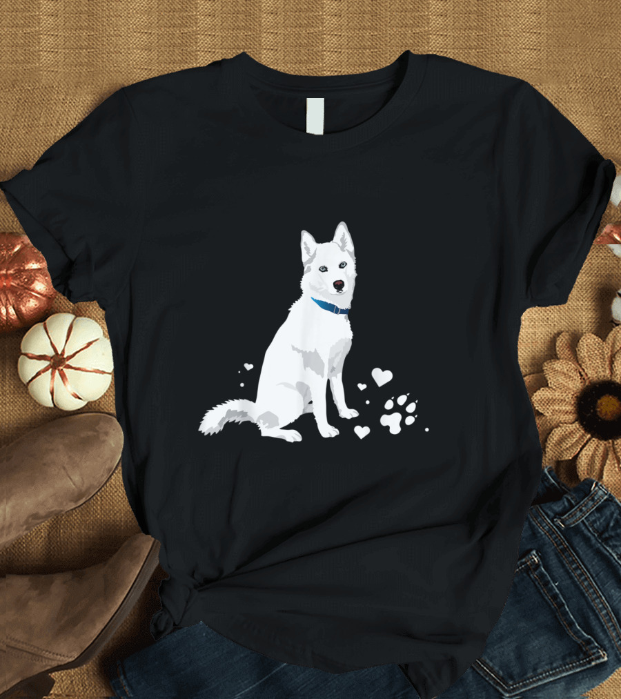White Siberian Husky with Blue Collar and Heart Paw Print Accents T-Shirt