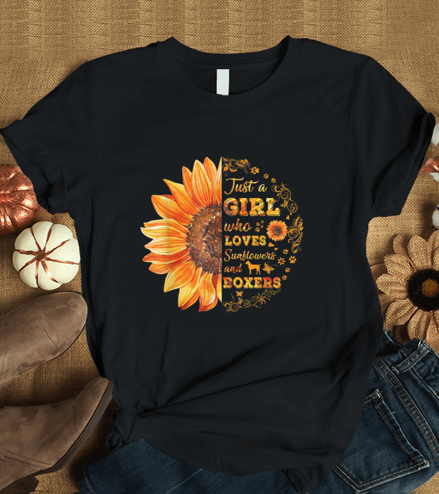 Just a Girl Who Loves Sunflowers and Boxers with Floral and Paw Print Accents T-Shirt