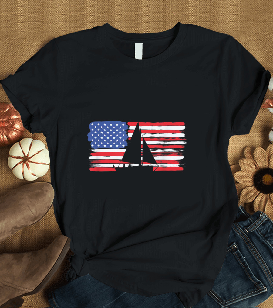 American Flag Red White and Blue Sail Boat T-Shirt