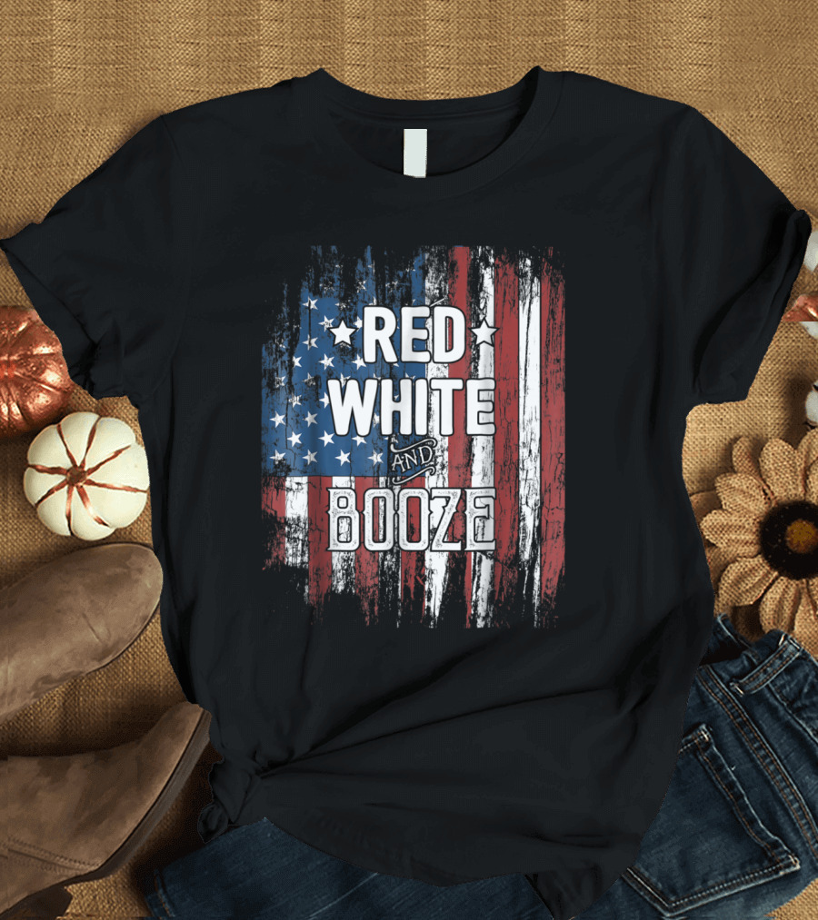 Red White and Booze Distressed American Flag Patriotic July T-Shirt