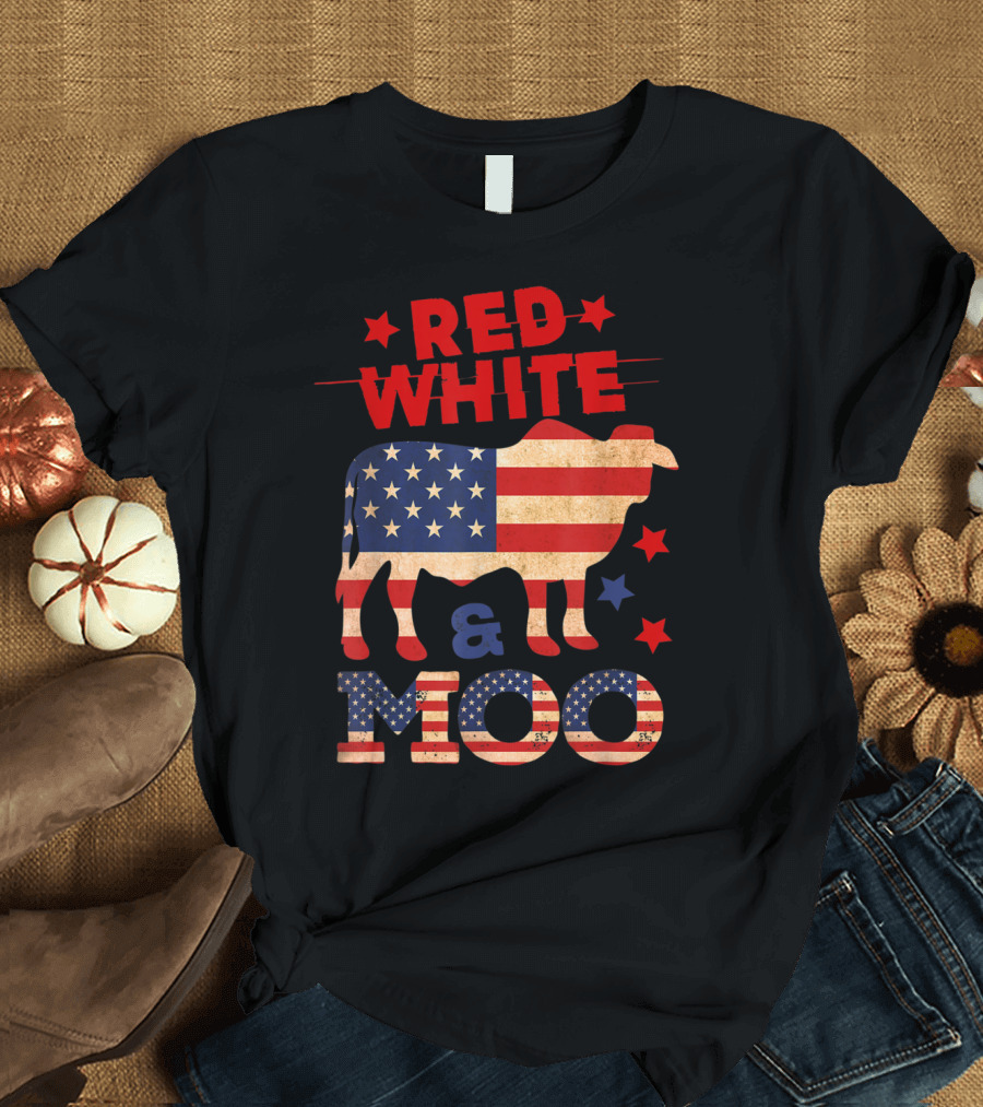 Red White And Moo American Flag Cow 4th Of July T-Shirt
