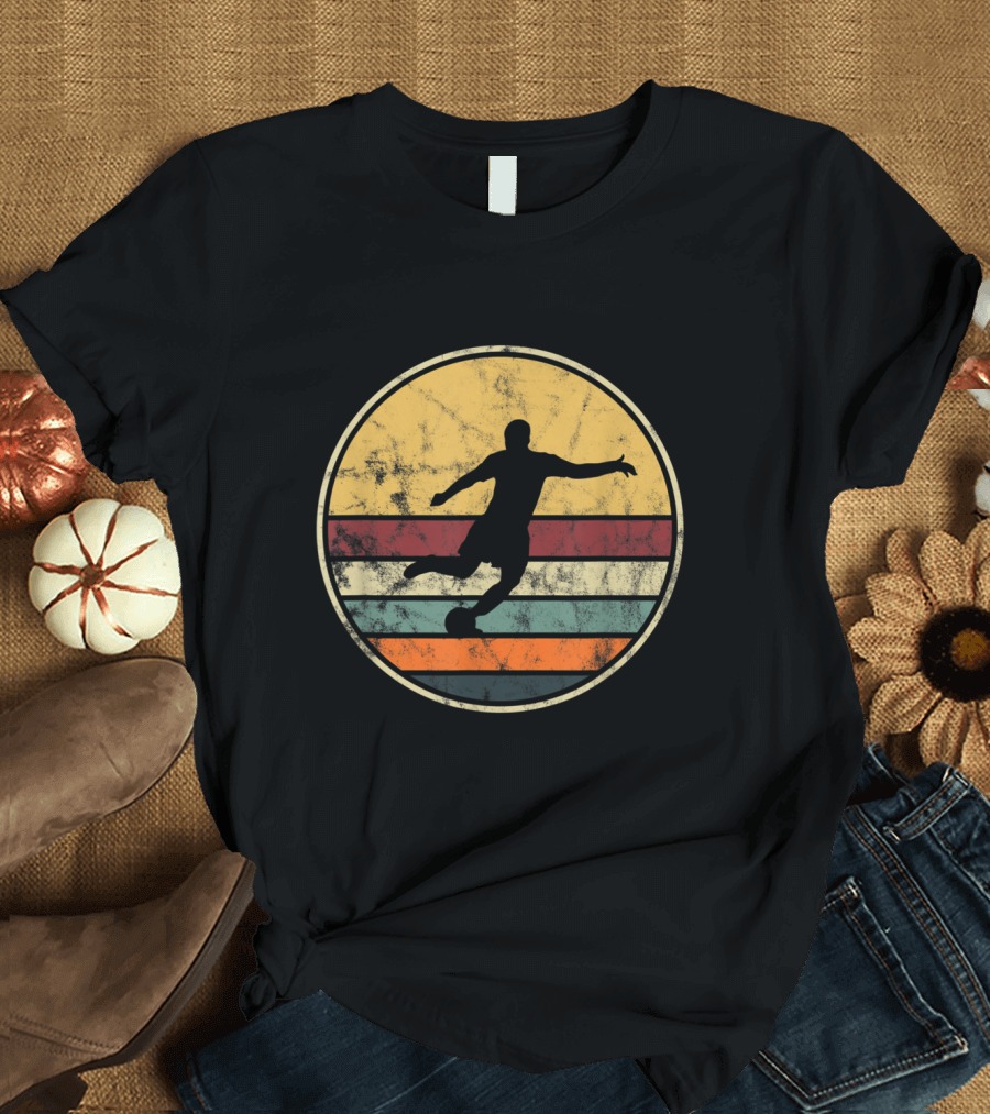 Vintage Distressed Soccer Player Silhouette Retro Stripes T-Shirt