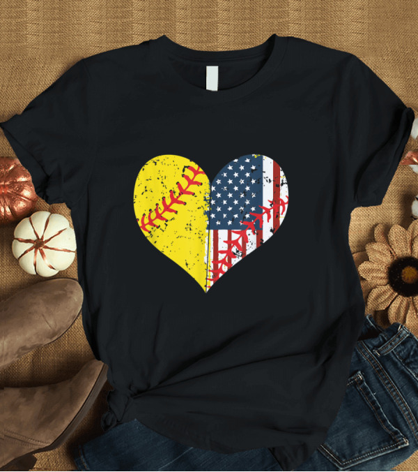 T-Shirt: Heart Shaped Softball Stitching with American Flag Stars and Stripes for 4th of July T-Shirt Heart Shaped Softball Stitching with American Flag Stars and Stripes for 4th of July T-Shirt