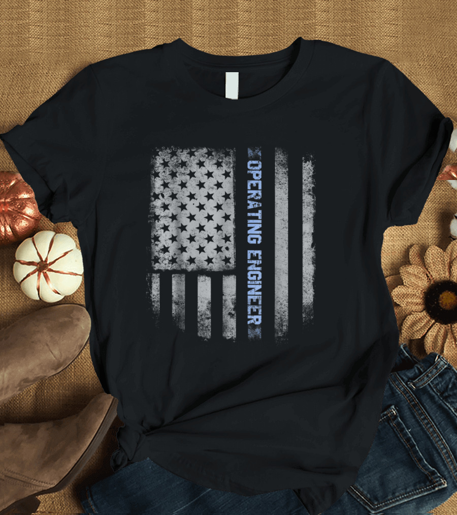 Operating Engineer Vertical Blue Line US Flag T-Shirt