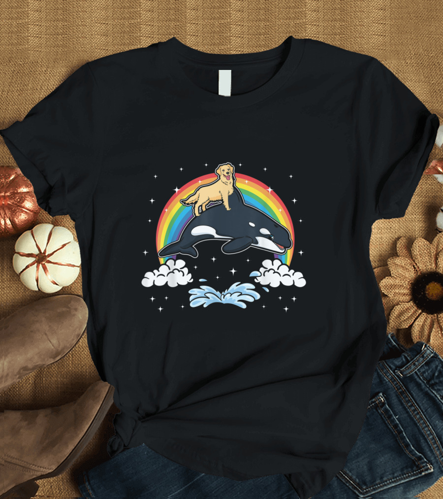 Golden Retriever Riding Orca Killer Whale with Rainbow and Stars Fun T-Shirt