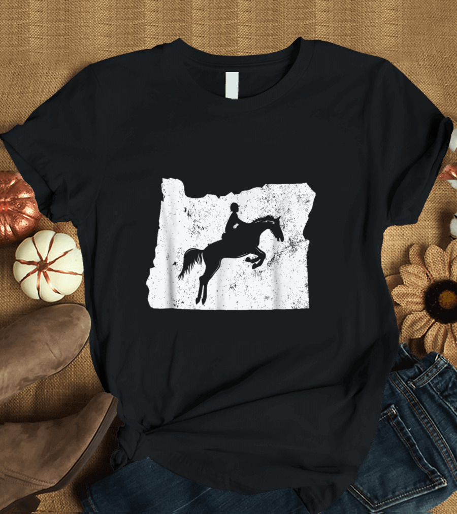 Oregon Equestrian Horse Jumping Silhouette on State Outline T-Shirt