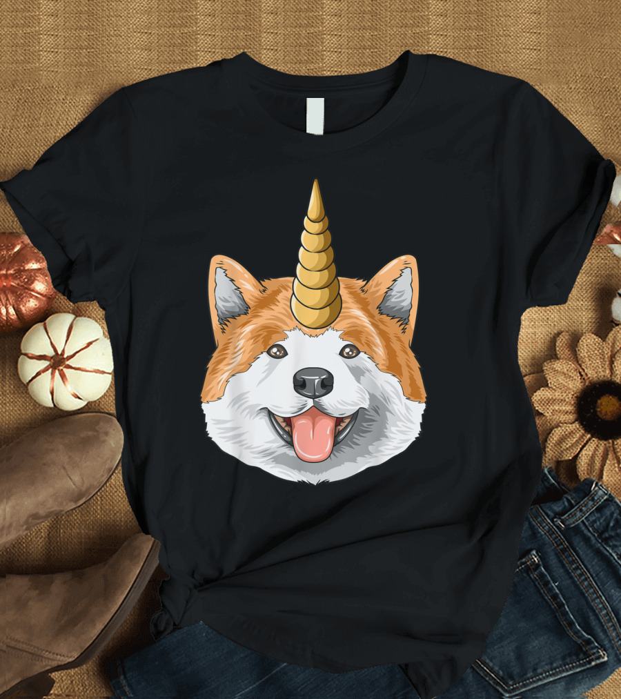 Akita Dog with Unicorn Horn Fantasy T-Shirt